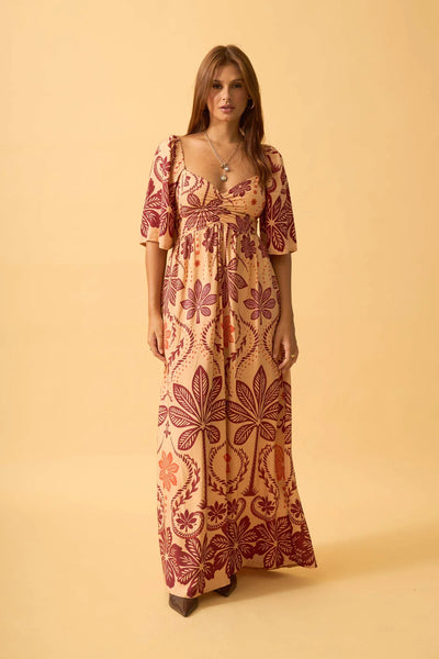 VESTIDO LONGO COM FRANZIDO PALMEIRA REAL BEGE