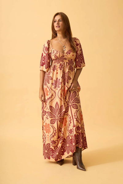 VESTIDO LONGO COM FRANZIDO PALMEIRA REAL BEGE