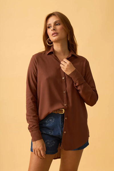 BLUSA SOCIAL COM BOTOES RAYON SLUB CAPPUCCINO