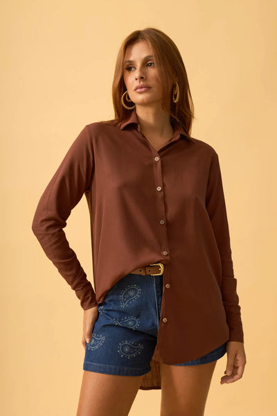 BLUSA SOCIAL COM BOTOES RAYON SLUB CAPPUCCINO
