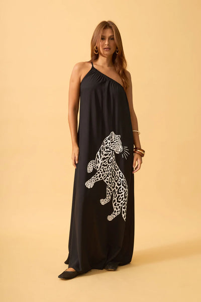 VESTIDO LONGO UM OMBRO SO COM SILK PRETO