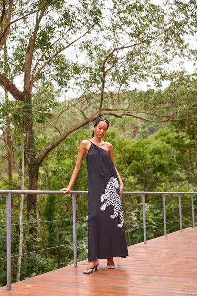 VESTIDO LONGO UM OMBRO SO COM SILK PRETO