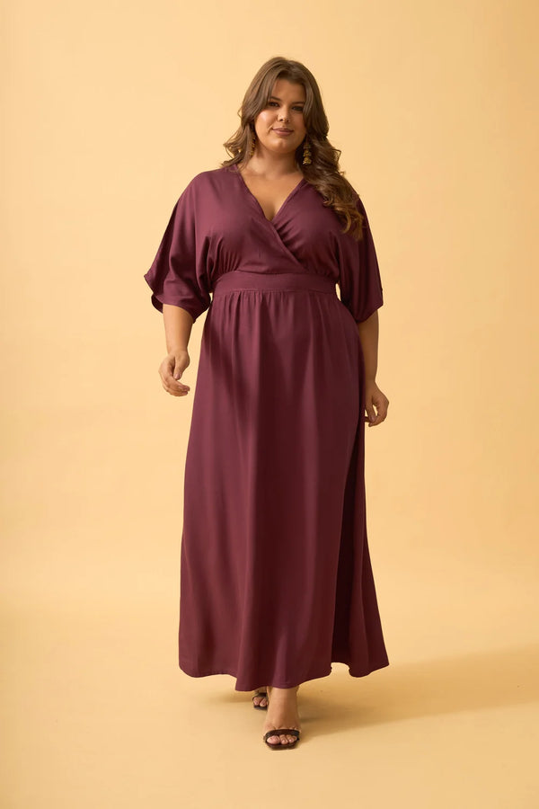 VESTIDO LONGO TRANSPASSADO COM DECOTE V ROXO FRUTADO