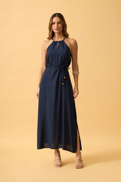 VESTIDO MIDI COM AMARRACAO VISCOSE LISA MARINHO