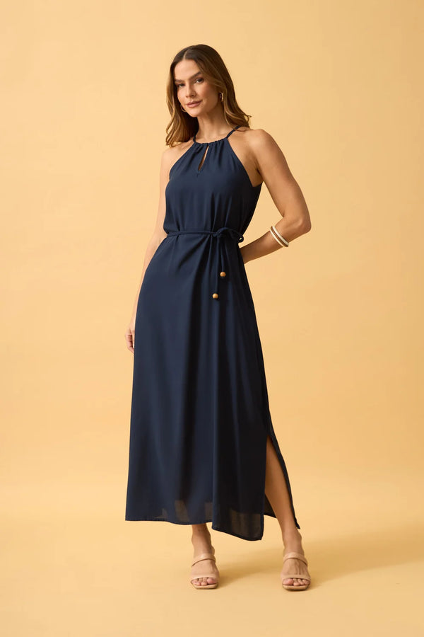 VESTIDO MIDI COM AMARRACAO VISCOSE LISA MARINHO
