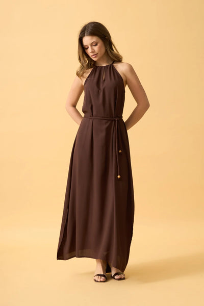 VESTIDO MIDI COM AMARRACAO VISCOSE LISA MARROM ESCURO