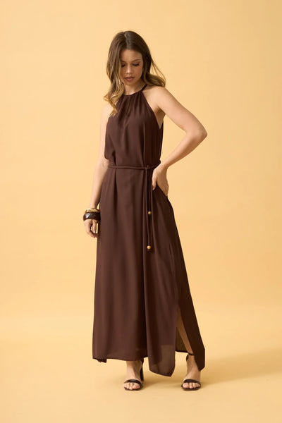 VESTIDO MIDI COM AMARRACAO VISCOSE LISA MARROM ESCURO