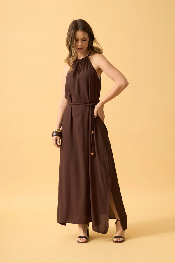 VESTIDO MIDI COM AMARRACAO VISCOSE LISA MARROM ESCURO