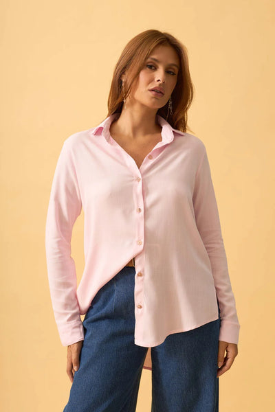BLUSA SOCIAL COM BOTOES EM VISCOLINHO ROSA PALIDO