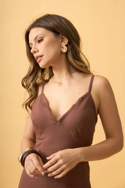 VESTIDO MIDI DECOTE EM V VISCOSE CREPADA CAPPUCCINO