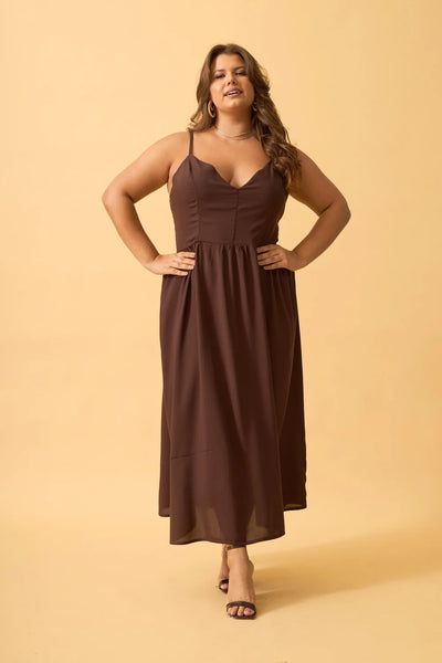 VESTIDO MIDI DECOTE V EM VISCOSE LISA CAFE
