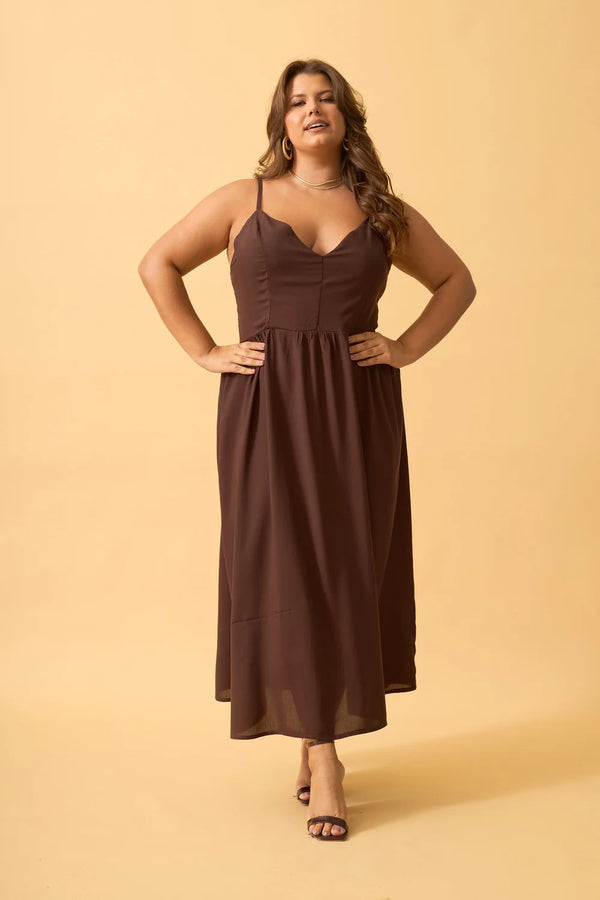 VESTIDO MIDI DECOTE V EM VISCOSE LISA CAFE