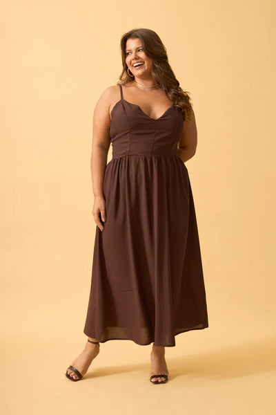 VESTIDO MIDI DECOTE V EM VISCOSE LISA CAFE