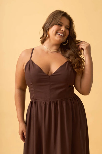 VESTIDO MIDI DECOTE V EM VISCOSE LISA CAFE