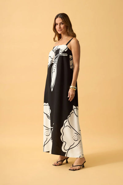 VESTIDO LONGO COM PALA LISA FLOR LEQUE PRETO
