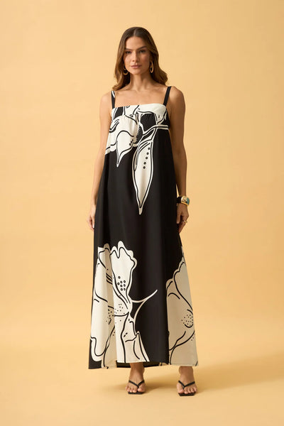VESTIDO LONGO COM PALA LISA FLOR LEQUE PRETO