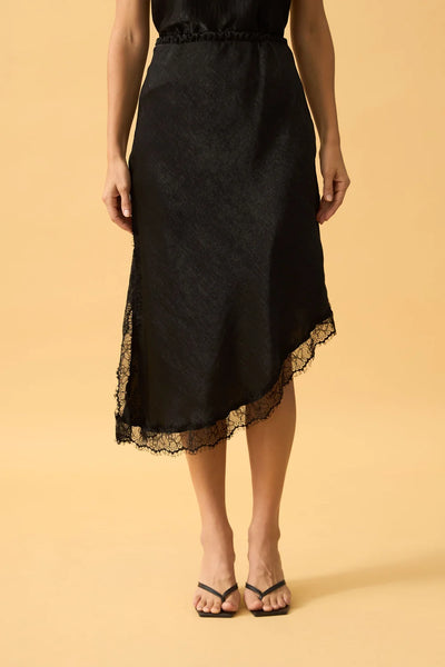 SAIA MIDI COM FENDA E RENDA CRINCLE LISO PRETO
