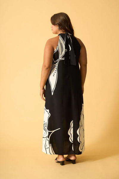 VESTIDO LONGO COM AMARRACAO FLOR LEQUE PRETO