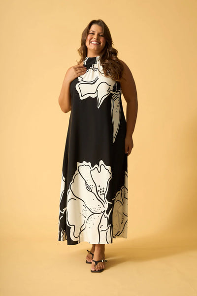 VESTIDO LONGO COM AMARRACAO FLOR LEQUE PRETO
