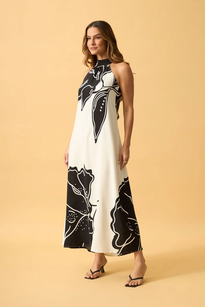 VESTIDO LONGO COM AMARRACAO FLOR LEQUE OFF