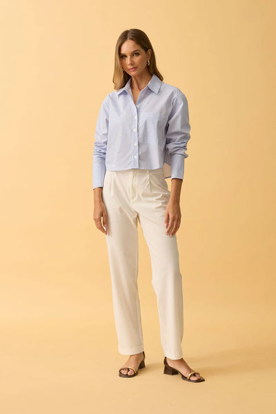 CAMISA CROPPED MANGA LONGA LISTRADO LISTRADO AZUL COM BRANCO