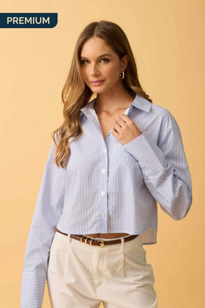 CAMISA CROPPED MANGA LONGA LISTRADO LISTRADO AZUL COM BRANCO