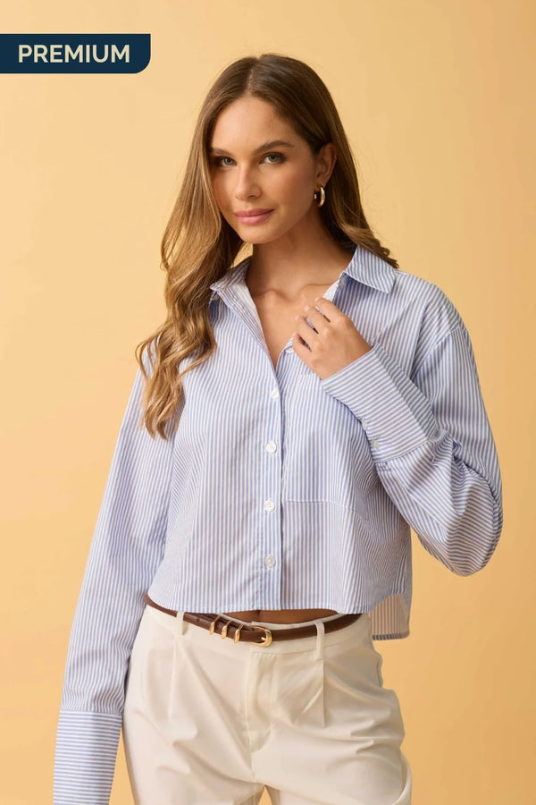 CAMISA CROPPED MANGA LONGA LISTRADO LISTRADO AZUL COM BRANCO