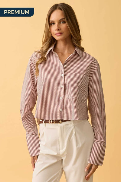 CAMISA CROPPED MANGA LONGA LISTRADO LISTRADO VINHO COM BRANCO