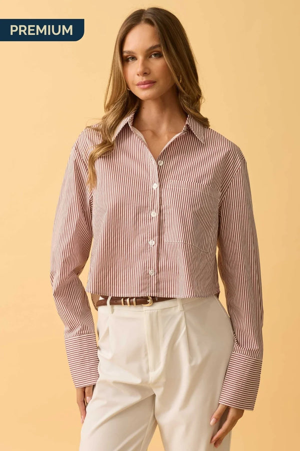 CAMISA CROPPED MANGA LONGA LISTRADO LISTRADO VINHO COM BRANCO