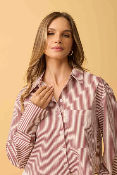 CAMISA CROPPED MANGA LONGA LISTRADO LISTRADO VINHO COM BRANCO
