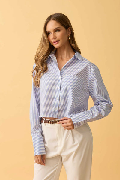 CAMISA CROPPED MANGA LONGA LISTRADO LISTRADO AZUL COM BRANCO