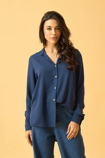 BLUSA SOCIAL COM BOTOES VISCOSE MARINHO