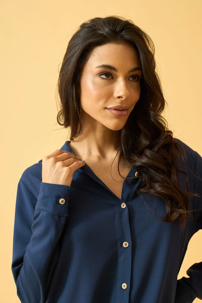 BLUSA SOCIAL COM BOTOES VISCOSE MARINHO