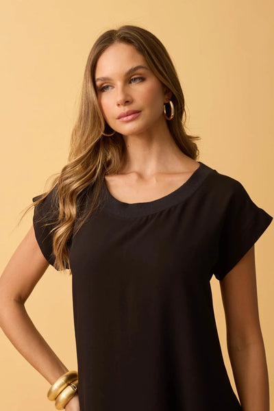 VESTIDO MIDI VISCOSE LISA COM GOLA PRETO