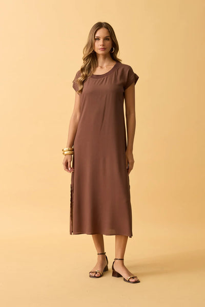 VESTIDO MIDI VISCOSE LISA COM GOLA TRUFA