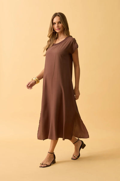 VESTIDO MIDI VISCOSE LISA COM GOLA TRUFA