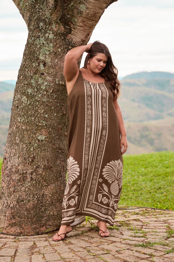 VESTIDO LONGO COM ALÇA LARGA VISCOLINHO LENÇO BOTÂNICO