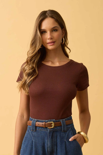 BLUSA BASICA RIBANA CANELADA MARROM CAFE