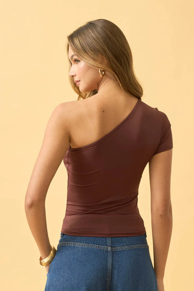 BLUSA UM OMBRO SO EM POLIAMIDA MARROM CAFE
