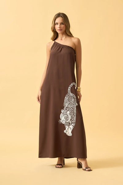 VESTIDO LONGO UM OMBRO SO COM SILK MARROM ESCURO
