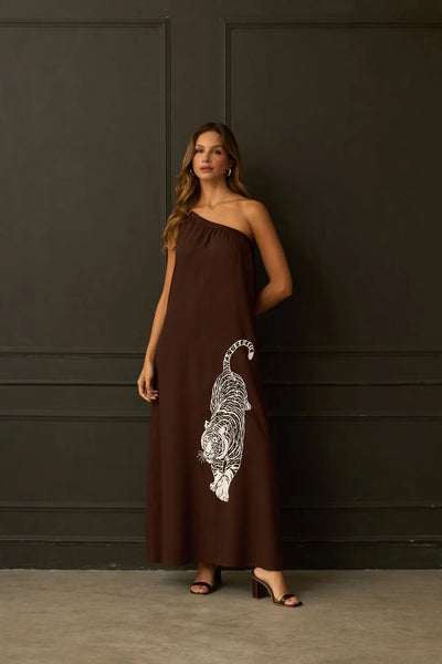 VESTIDO LONGO UM OMBRO SO COM SILK MARROM ESCURO