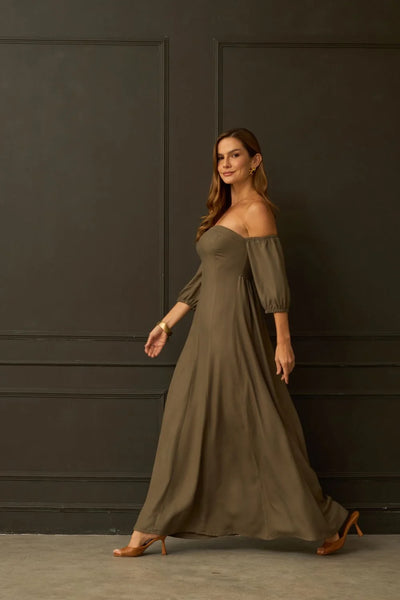 VESTIDO LONGO OMBRO A OMBRO VISCOSE OLIVA ESCURO