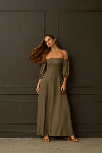 VESTIDO LONGO OMBRO A OMBRO VISCOSE OLIVA ESCURO