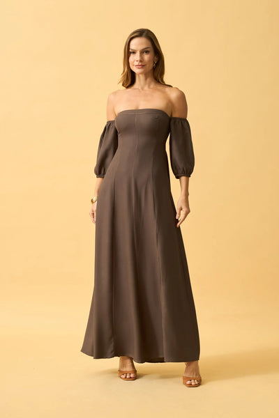 VESTIDO LONGO OMBRO A OMBRO VISCOSE MARROM CHOCOLATE