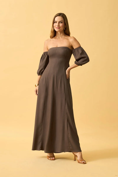 VESTIDO LONGO OMBRO A OMBRO VISCOSE MARROM CHOCOLATE