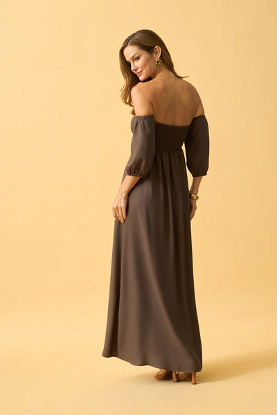 VESTIDO LONGO OMBRO A OMBRO VISCOSE MARROM CHOCOLATE