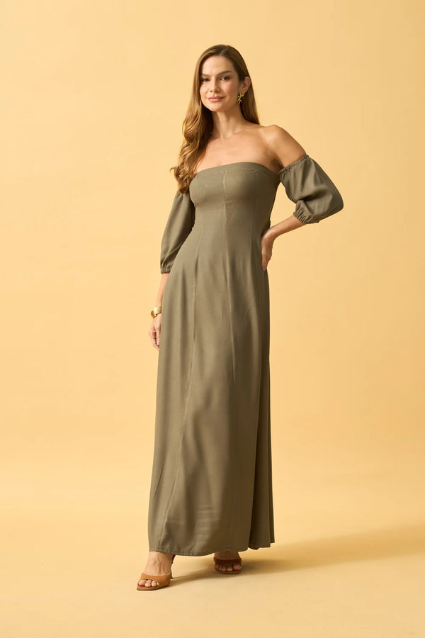 VESTIDO LONGO OMBRO A OMBRO VISCOSE OLIVA ESCURO