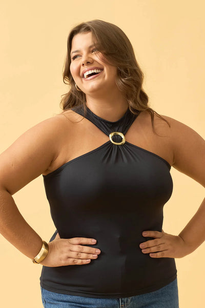 BLUSA COM FIVELA NO DECOTE EM POLIAMIDA PRETO