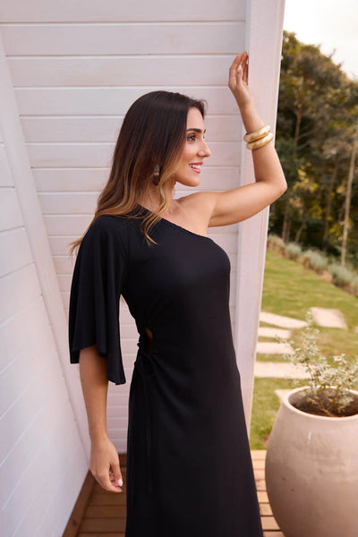 VESTIDO LONGO UM OMBRO SO TWILL PRETO