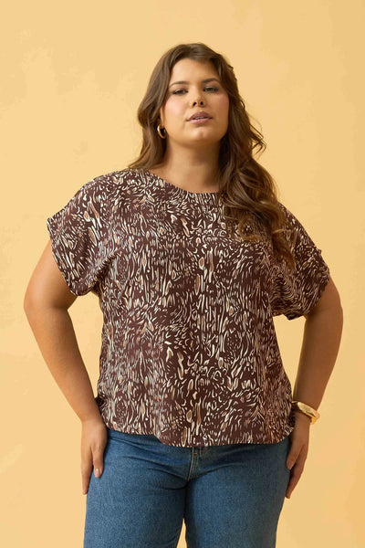 BLUSA COM MANGA JAPONESA ANIMAL PRINT I MARROM